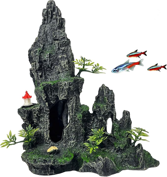 Aquarium Decor - Tall and Large Mountain Rock Ornament with Red Tower for Fish Tank,Aquarium Hideout with Rock Texture for Betta,Guppy,Shrimp-Safe Aquatic Decoration, Fish Hiding House