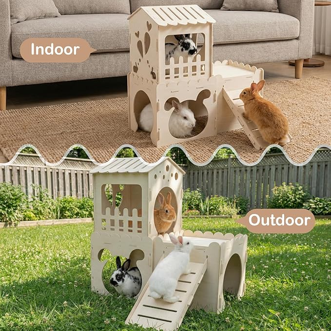 Extra Large Rabbit Castle, Wooden Bunny House &,Detachable Rabbit Hideaway, Indoor Hamster Castle with Ramp, Small Animal Houses & Habitats for Guinea Pig Chinchilla Ferret(3 House)