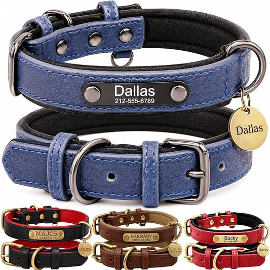 Leather Dog Collar Personalised and Leash Set, Personalized with Soft Padded Design Heavy Duty Featuring Custom Engraved Name Plate for Small Medium and Large Dogs