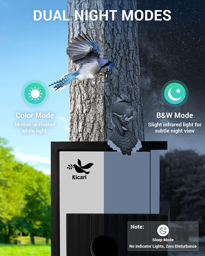 Bird House with Camera 2K HD, Solar & Battery Powered, Dual Night Vision, PIR Motion Sensor, Two-Way Audio, WiFi App Control, Weatherproof Wooden Smart Bluebird Nest Box for Outdoor Use, Gray