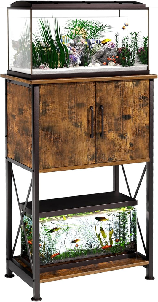 Herture 5-10 Gallon Fish Tank Stand, Metal Double Aquarium Stand with Cabinet for Fish Tank Accessories Storage, Heavy Duty 20.5" L* 11.02" W Tabletop, 500LBS Capacity Rustic Brown and Black PG06YGN