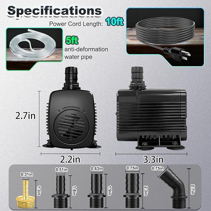 400GPH Submersible Fountain Pump with Tubing 10ft Outdoor Cord for Garden | Overheat Protection, Ground Cord with 3-Prong Plug Safer for Indoor and Outdoor Use