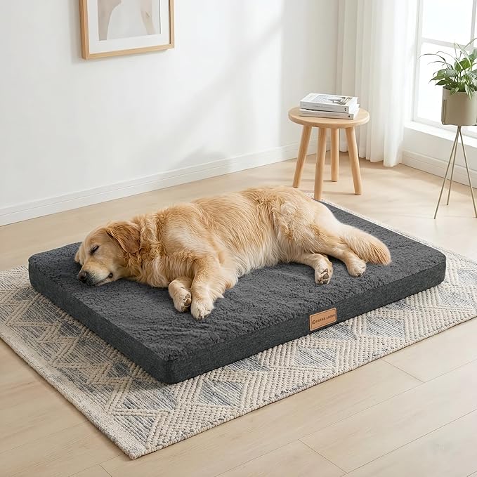 Patas Lague Orthopedic Jumbo Dog Bed for Large Sized Dog 56''X40'', Soft Waterproof Egg Crate Foam Large Pet Crate Beds Mat with Removable Washable Cover and Non-Slip Bottom, Dark Grey