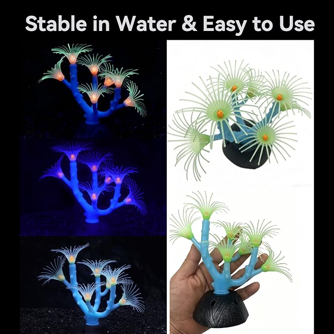 ZtohPyo Aquarium Coral Plant Ornament with Glowing Effect, Silicone Soft Fish Tank Decorations, Artificial Glow in The Dark Plant Ornament for Fish Tank Landscape Decoration