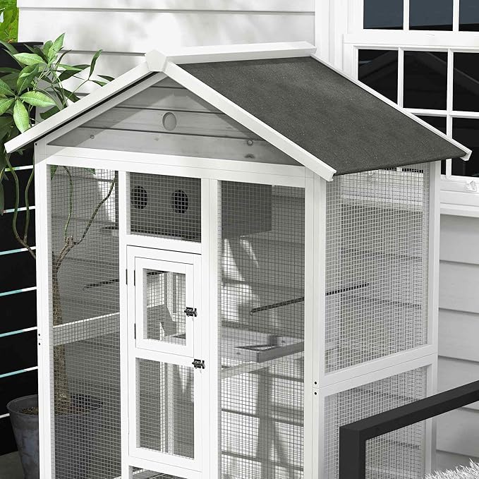 PawHut 64.5" Wooden Bird Cage Aviary, Flight Cage with 4 Perches, Nest and Slide-Out Tray for Indoor/Outdoor, Gray