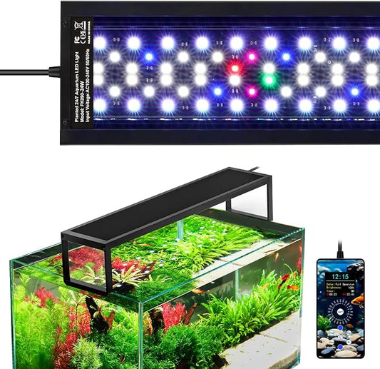 fishkeeper 24W Aquarium Light, 24/7 Mode with One‑Touch Time Calibration | DIY‑Mode Full‑Spectrum 6‑Rows WRGB LED Aquarium Plant Light, 9‑Color Options & Memory Function for 18-24 Inch Fish Tank