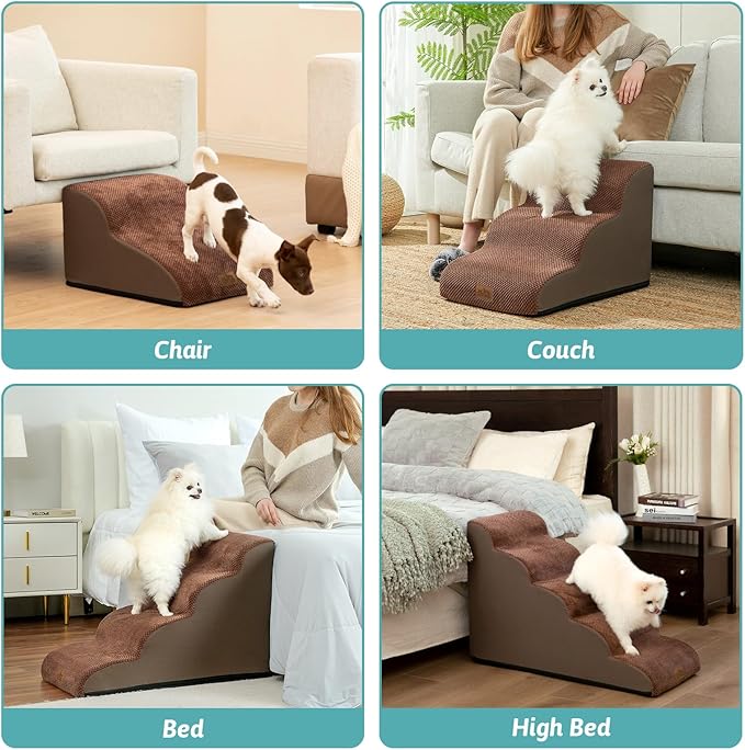 COZY KISS Dog Stairs for Small Dogs 19.7" H, Curved Dog Step for Puppy, Older or Cat, Medium Pet Ramp for Sofa, Couch or Bed, Ladder with High Density Foam, 4 Step, 15.7x28.3x19.7 inch, Brown