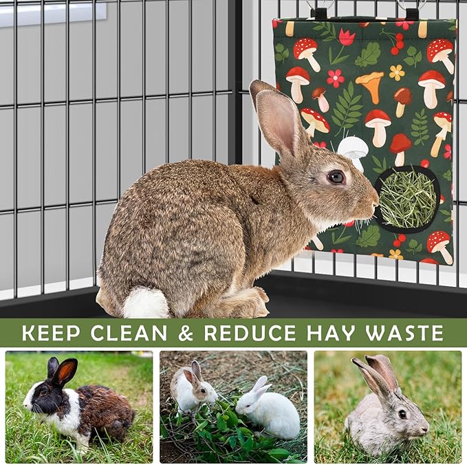 JarThenaAMCS 2Pcs Rabbit Hay Feeder Bag with 2 Holes 11.5 x 9 Inch Mushroom Guinea Pig Hanging Hay Feeding Bag Storage Dispenser for Chinchilla Hamster Bunny Small Animal Pet