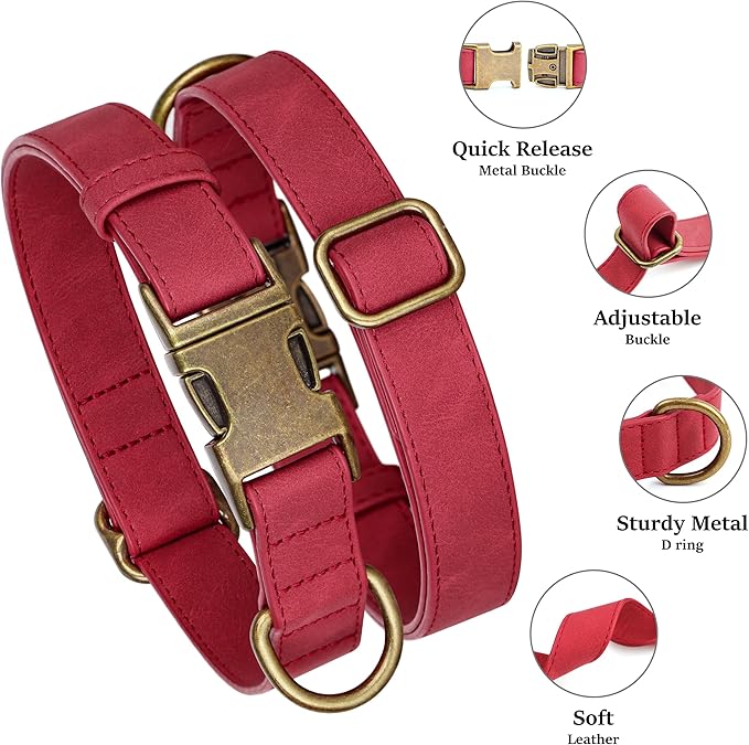 Didog Soft PU Leather Dog Collar, Stylish Quick Released Dog Collar for Large Dogs, Easy Clean Adjustable Pet Collar for Daily Walking, Red, L Fit 16-22" Neck