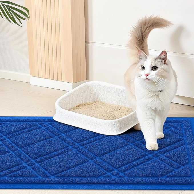 Smiry Cat Litter Box Mat 47x32, Non-Slip Water Resistant Litter Trapping Mat, Easy Clean Less Waste and Urine-Locking Cat Carpet for Indoor, Blue