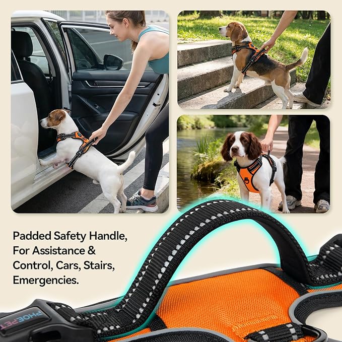 PHOEPET No Pull Dog Harnesses for Small Puppies Reflective Adjustable Front Clip Vest with 2 Metal Leash Clips and Soft Handle(XS, Orange)