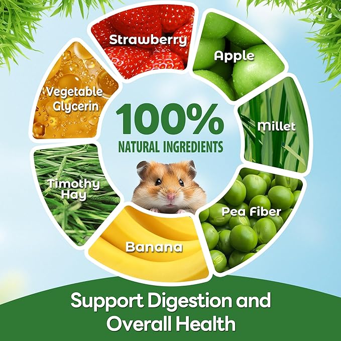 TEEWY Guinea Pig Chew Toys, Prevent Teeth Overgrowth, Natural Timothy Grass & Vegetables, Hamster Chew Toys, Guinea Pig Toys, Chinchilla Toys, 4PCS, Grass Patch & Carrots