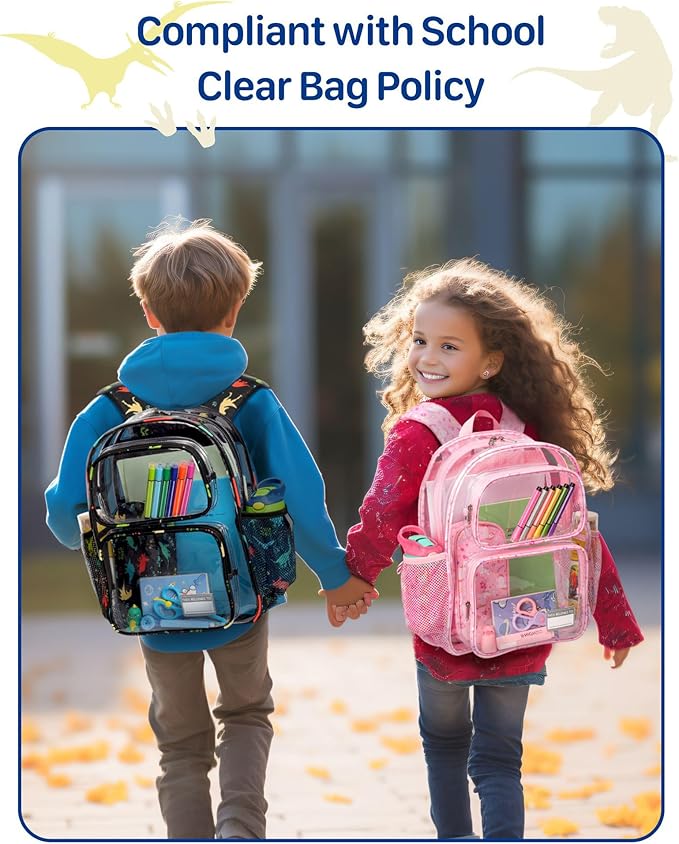 Bagseri 2pcs Clear Backpack for Boys - 15 Inch School Bag with Matching Pencil Case, Heavy Duty Transparent Bookbag for Kindergarten to Grade 2, Fits Folders, Black Dinosaur
