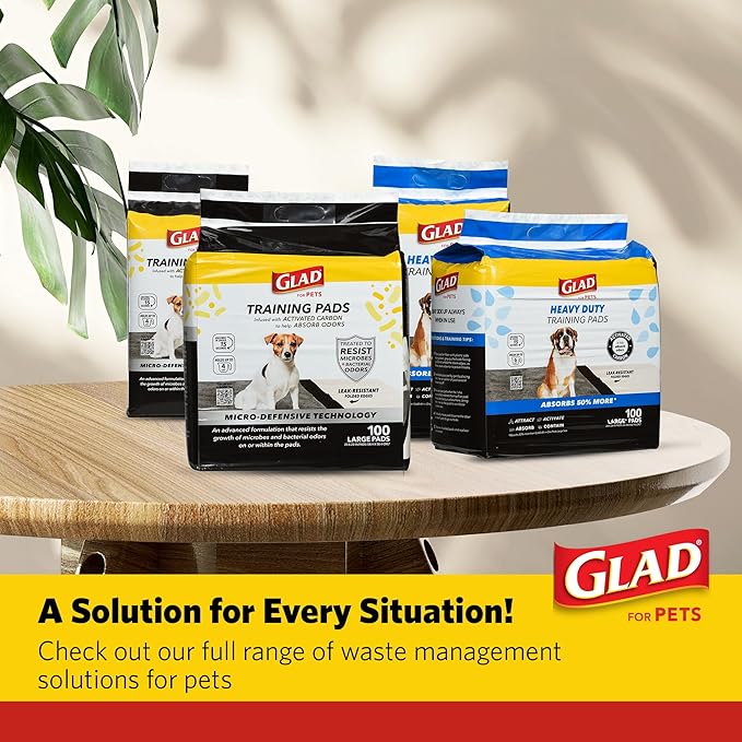 Glad for Pets Activated Carbon Puppy Training Pads with Anti-Microbial Technology, Odor Control Pee Mats for Dogs, 6-Layer Leak-Proof Heavy Duty Indoor Potty Pads, 23 x 23 Inches, 100 Count - 2 Pack