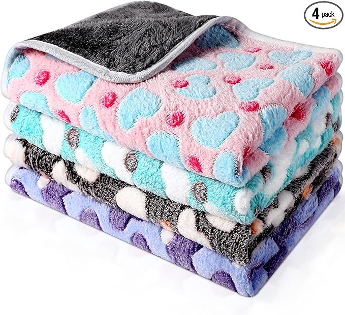 Reginary 4 Pcs Waterproof Guinea Pig Blankets Washable Small Animal Fleece Bedding Guinea Pig Cage Liners Reusable Training Pads Pet Pee Pad Sleep Mat for Hamster(Heart Pattern,12 x 12 Inch)