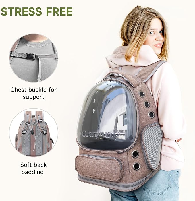 Cawypety Cat Backpack Carrier, Breathable Cat Carrier Large Space Bubble Pet Backpack for Kitty Small Dog up to 15lbs, Transparent & Foldable Pet Carrier for Travel Hiking