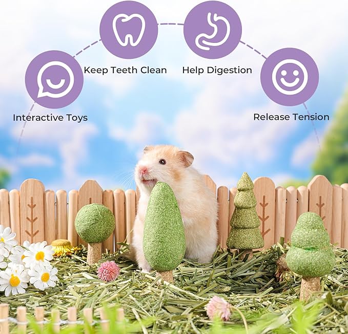 mini&moe Hamster Chew Toys for Teeth – 5PCS Guinea Pig Chew Toys Detachable Natural Edible Chinchilla Treats Improve Dental Health Hamster Enrichment Toys for Rabbit, Bunny, Gerbils