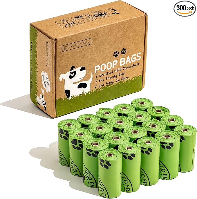 (Not Made In China) 100% Certified Home Compostable Dog Poop Bags,300 Count, Plant Based Refill Rolls, Leakproof Doggie Waste Bag, Unscented, Corn Starch and PBAT, EN 13432 Compliant and TUV Certified
