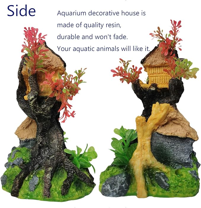Hamiledyi 4PCS Aquarium Decoration, Fish Tank Artificial Resin Castle Ornaments, Betta Tank Landscape Decorations with Plastic Plants for Shrimp Fish Climbing Hiding