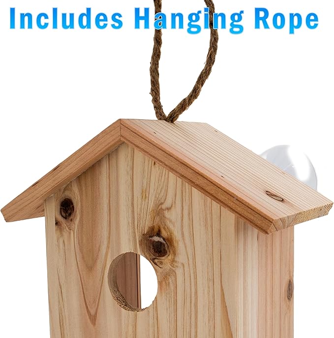 See Through Window Birdh Ouse - Wooden, Large Suction Cups, Hanging Lanyard Rope Bird House - Spy Window Bird Nest Box - Outdoor Bird Watching, Backyard Bird Shelter