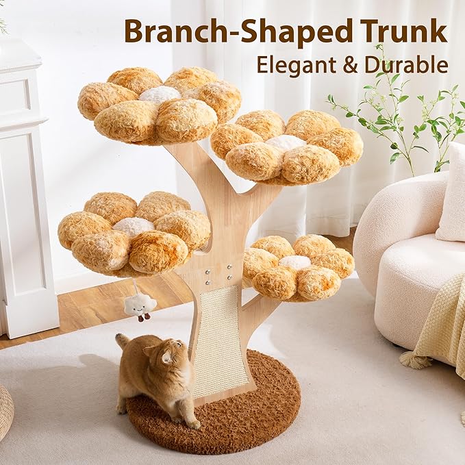 Aesthetic Flower Cat Tree Tower with Scratching Post for Indoor Cats, 48" Modern Cat Tree with Wood Sculpted Branch, Flower Cat Beds, Scratching Board & Interactive Squeaky Toy, Sunset Brown