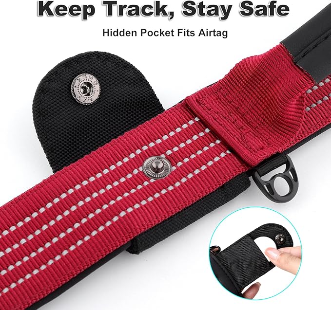 Plutus Pet Tactical Dog Collar with Tracker Pocket for AirTag, Adjustable Reflective Nylon Collar, Metal Buckle, Leather-Wrapped Handle, Soft Padded for Medium Large Dogs (Burgundy Red, M)