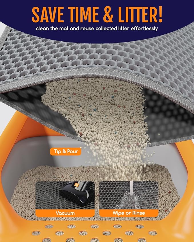 Powools Cat Litter Mat - 46" x 35" Jumbo Litter Box Mat with Double Layers, Urine-Proof and Non-Slip Litter Trapping Mat, Easy to Clean Kitty Litter Mats for Floor, Scatter Control, Grey