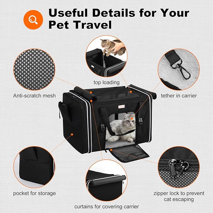 pidipiti 24 x 17 x17 Extra Large cat Carrier up to 30 lbs,for pet car Travel and Long Road Trip,with Curtains and Leakproof Portable Litter Box
