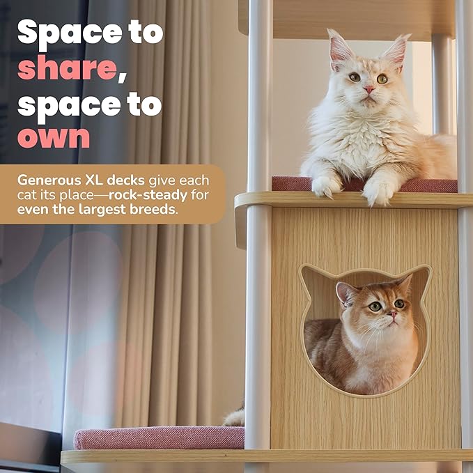 Modern Large Cat Tree, 62" Tall with XL 25.6" Platforms, 60 lbs Heavy Build — Redefining Cat Furniture with Stability, Space & Style for Big Cats (Pink)