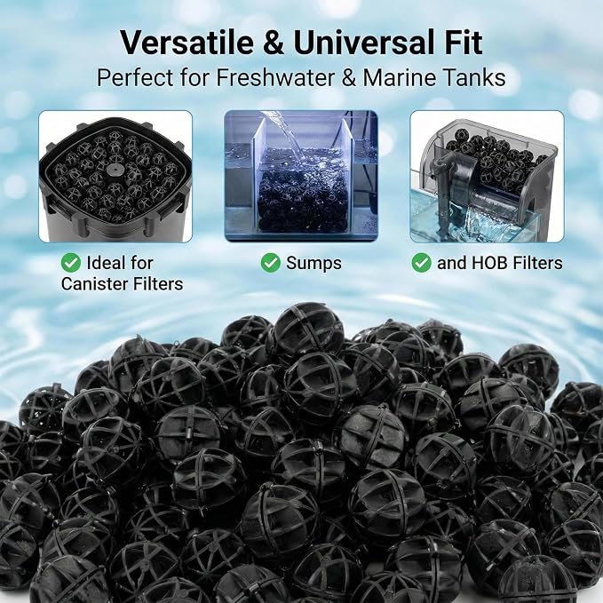 RAINFLOW 100 Pcs Aquarium Bio Balls - Black Sump Filter Media with Sponge | Biological Filtration Balls for Koi Pond Fish Tank Canister Air Pump, Pond Media for Outdoor Waterfall Filters with Mesh Bag