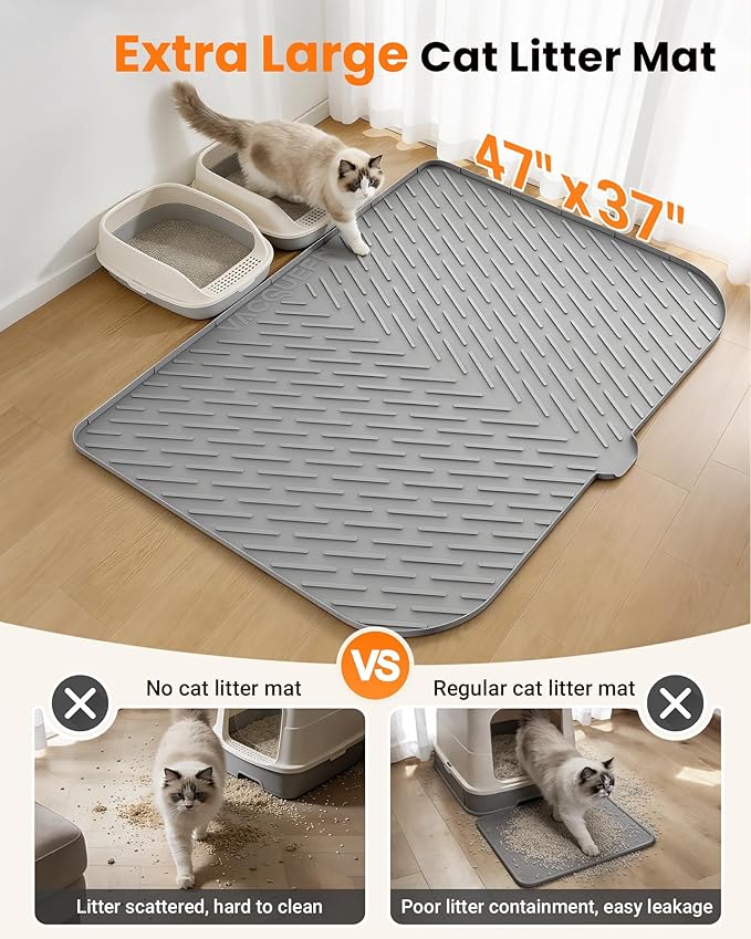 Cat Litter Box Mat, 47" x 37" Extra Large Cat Litter Mat, Silicone Waterproof Litter Trapping Mat for Scatter Control Soft on Kitty Paws Non-Slip Easy to Clean（Grey)