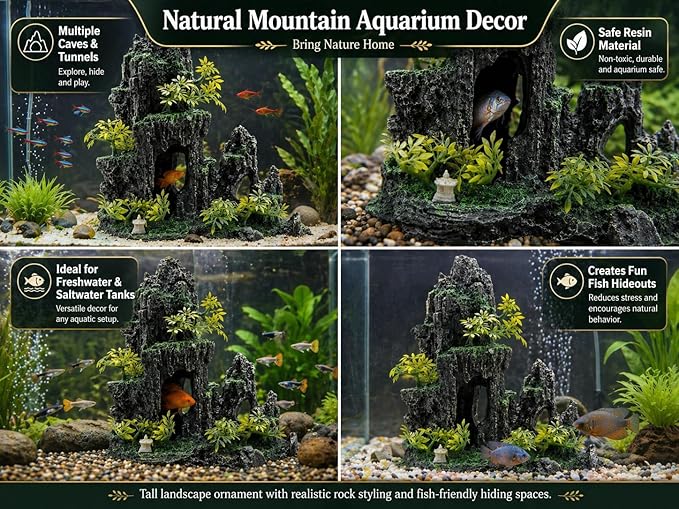 Hoypeyfiy Large Aquarium Decorations and Tall Aquarium Decor for Fish Tank Decorations Artificial Mountain View Ornament Tall Large Aquarium Rock Decor Tree House with Hiding Caves Natural Landscape