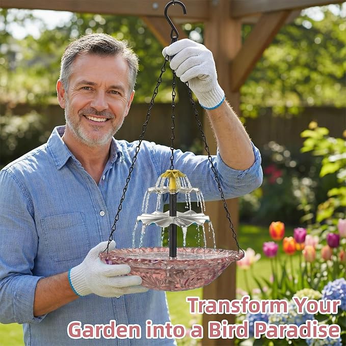Solar Fountain for Bird Bath, Hanging Cascade Water Feature for Outdoor Garden & Yard Decor, Creates a Relaxing Flow that Attracts Birds (Pink(XL))