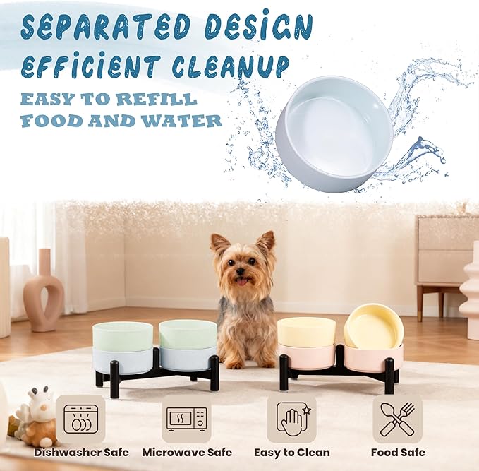 Elevated Ceramic Dog Bowl Set - Cute Double Dishes with Stainless Steel Stand – Raised Feeding Bowls for Cats and Small Dogs - Food & Water Set - 5" / 1.4 Cups (140 g / 260 ml) - Blue