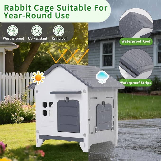 Rockever Plastic Rabbit Cage Outdoor Indoor, Waterproof Rabbit Hutch-Leak-Proof Pull-Out Tray&Chew-Proof, Bunny Cage Guinea Pig Cages, Easy-Clean & Ideal for Small Animal
