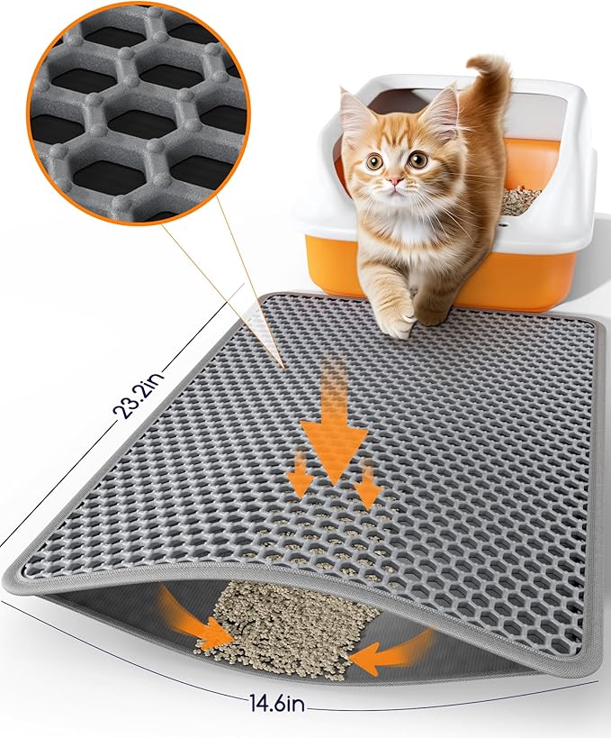 Powools Cat Litter Mat - 23.2" x 14.6" Small Litter Box Mat with Double Layers, Urine-Proof and Non-Slip Litter Trapping Mat, Easy to Clean Kitty Litter Mats for Floor, Scatter Control, Grey