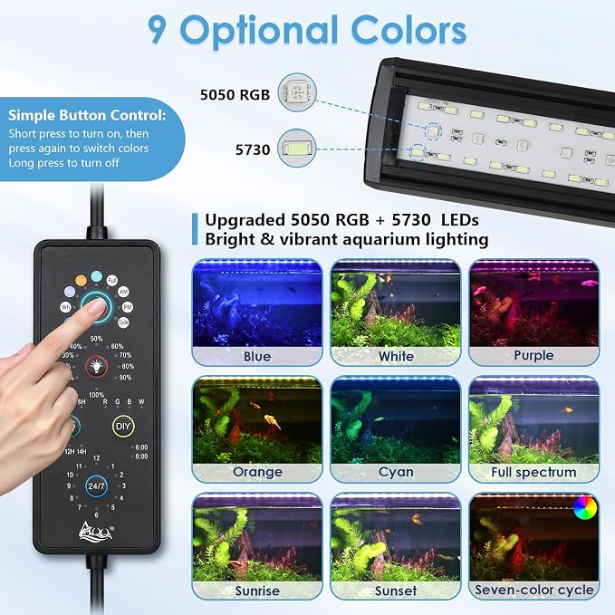 AQQA Clip On Aquarium Light for Plants Full Spectrum Fish Tank Light | 24/7 Natural Mode & DIY RGBW Mode, 6 Timer Settings, 9 Color Options & 10 Dimmable Levels for (21W for 15.7"-19.7" Tank)