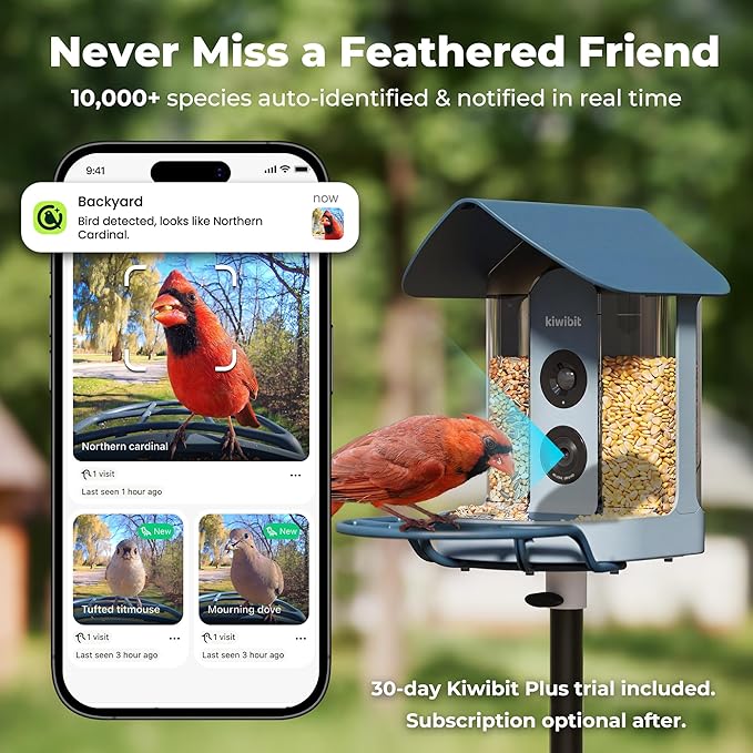 Kiwibit Smart Bird Feeder with Camera, Solar Powered for Outdoors, Bird Species AI Identification, 8MP Photo, 4K Video Livestream, Real-Time Bird Alert, Birdwatching Gifts for Bird Lovers, Bluejay Sky