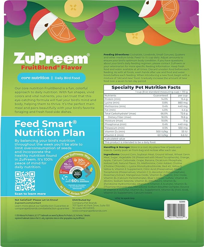 ZuPreem FruitBlend Bird Food, Bird Feed Pellets for Cockatiels, Lovebirds, Quakers, Small Conures & Lorikeets, Core Nutrition with Natural Fruit, Cockatiel Food, Conure Feed, (Medium, 2 lb Bag)