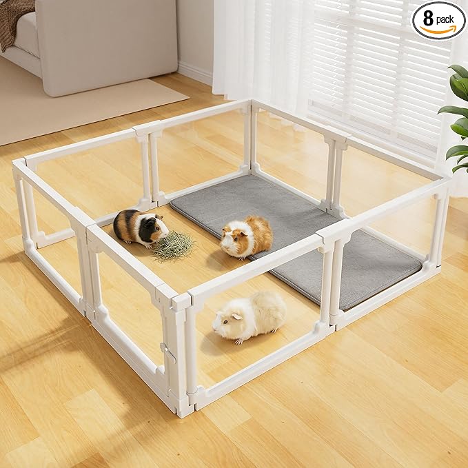 BUCATSTATE Acrylic Guinea Pig Cages for 2, 15.5 sq ft Guinea Pigs Playpen with Door, Clear Rabbit Playpen Indoor for Pigges, Hedgehogs, Quail, Chickens (47" L x 47" W x 16" H, 8 Panels)