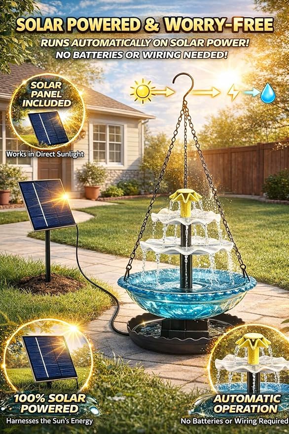 Solar Cascade Hanging Bird Bath Fountain, 2026 New Outdoor Hanging Bird Bath with Solar Fountain, Large Humming Birds Baths Fountains, with Solars Pump & Glass Bowl, for Outdoor, Gardens (#2)