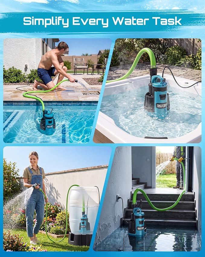 SEESII 1HP Automatic Submersible Water Pump - 5548 GPH High Flow | Auto/Manual Modes, Sump Pump with Dry Run Protection for Fast Water Removal from Pools, Hot Tubs, Basements, Ponds and Yards