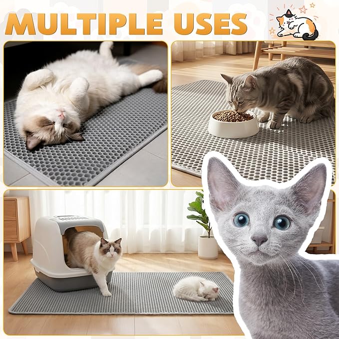 Cat Litter Mat, Honeycomb Double Layer Waterproof & Urine Resistant Non-Slip Litter Trapping, Easy Clean Washable Scatter Control for Litter Box (Gray, 30x24 Inch)