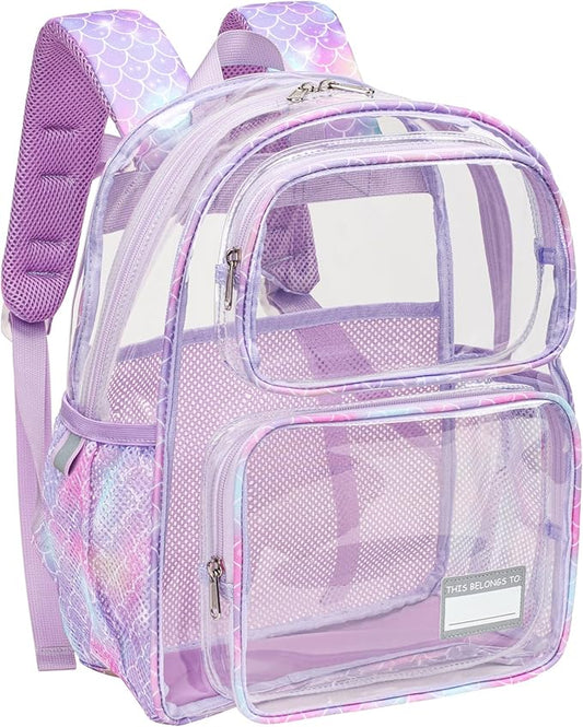 Bagseri Clear Backpack for Girls - 15 Inch Heavy Duty Kids Clear Bookbag for Kindergarten to Grade 2, Transparent School Bag with Reflective Strip, Fits Folders, Purple Mermaid