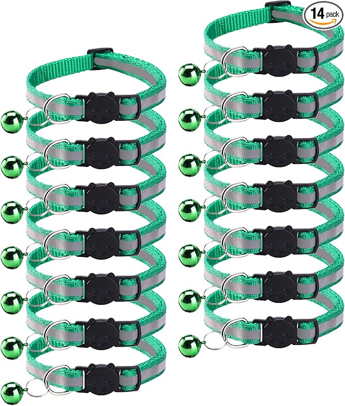 14 Pack Breakaway Cat Collar with Bell, Reflective Kitten Collar for Girl Boy Cats, Safety Buckle Adjustable 7.5-12.5 Inch, 0.4 Inch Width Lightweight, Pet Gifts (Green)