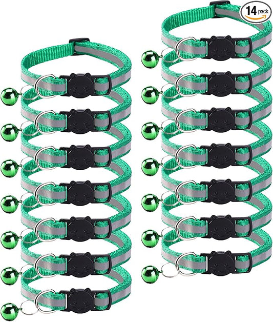 14 Pack Breakaway Cat Collar with Bell, Reflective Kitten Collar for Girl Boy Cats, Safety Buckle Adjustable 7.5-12.5 Inch, 0.4 Inch Width Lightweight, Pet Gifts (Green)