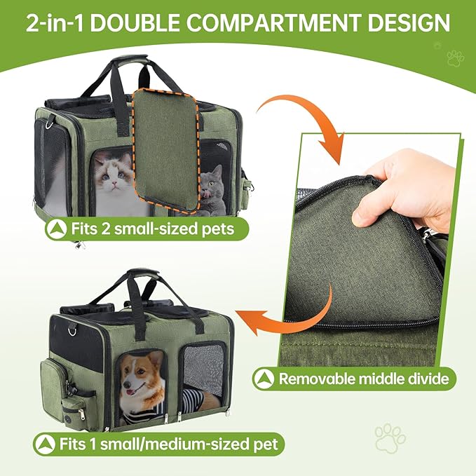 Cat Carrier for 2 Cats - Double Pet Carrier Extra Large, Dual Cabin Multi Cat Travel Carrier with Removable Divider, Collapsible, Can Hold 20 30 40 lbs for Two Small Kitten, Medium Dog Green