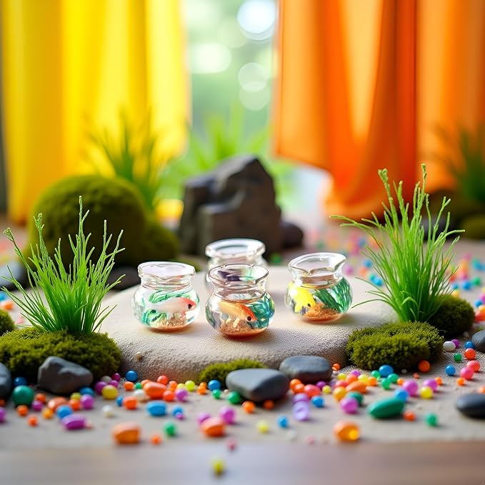 2Pcs Miniature Fish Tank Toy Mini Round Fish Bowls Resin Goldfish Grass for Dollhouse Desktop Craft Project Decor,Mini Fish Bowl,Dollhouse Accessories,Dollhouses Décor