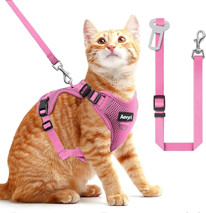 Cat Harness and Leash for Walking, The Upgrade Can be Adjusted in Four Directions and Breathable Cat Harness for Anti Escape that can be Fitted and Positioned, Reflective Strips Harness, Pink, M