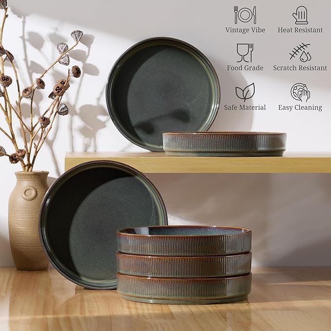 E-far Pasta Bowls Set of 6, 35oz Large Salad Bowl Plate for Dinner Serving, Wide & Shallow Ceramic Stoneware Pasta Plates, Microwave & Dishwasher Safe, Reactive Glaze Textured Stripes, Blackish Green